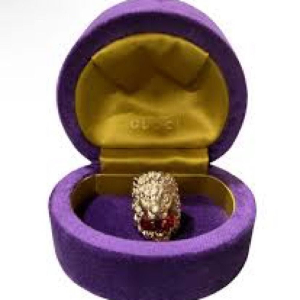 Gucci Lion Head Ring Gold Finish Red Swarovski Crystal Statement Jewelry